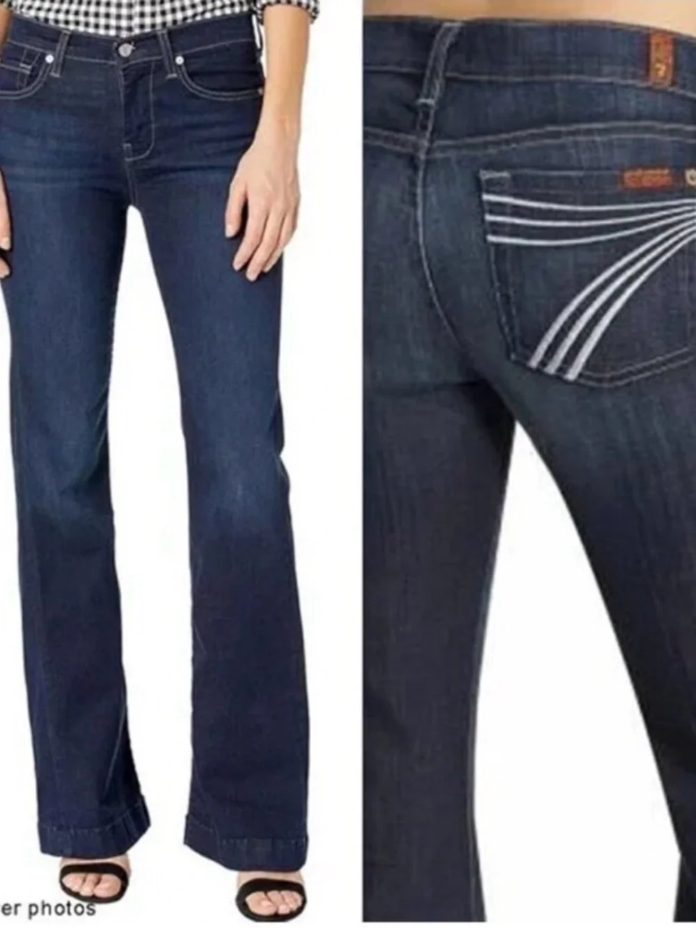 7 For All Mankind Dark Blue Flare Jeans with White Pocket Stitching - Picture 4 of 6